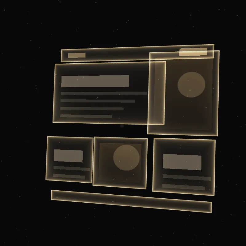 Schwebende, gläserne Interface-Ebenen mit goldenen Kanten – Sinnbild für Webdesign.